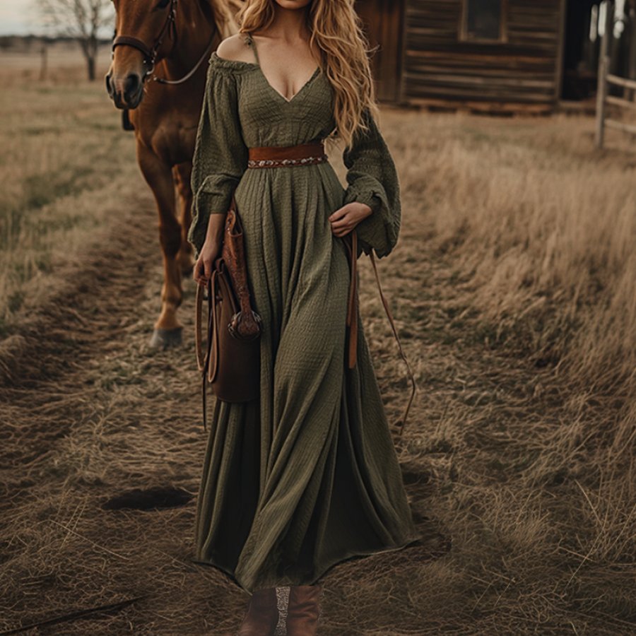 

Women's Boho V Neck Country Maxi Dress Military Green A Short Puffy Sleeves