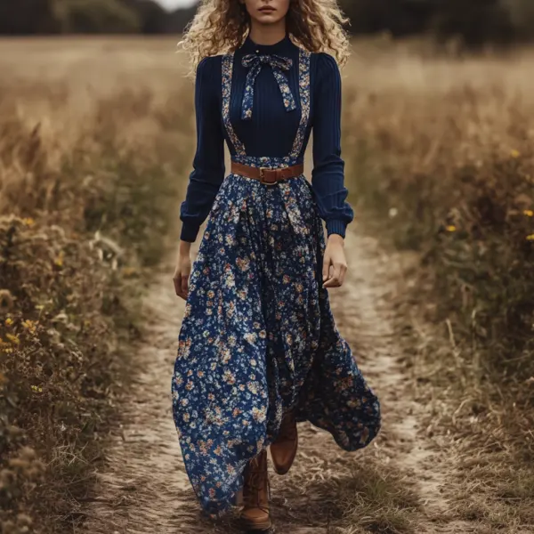 Women's Two-piece Bohemian Pastoral Suspender Floral Dress Autumn And Winter Retro Long Dress Two-piece Set - Ootdyouth.com 