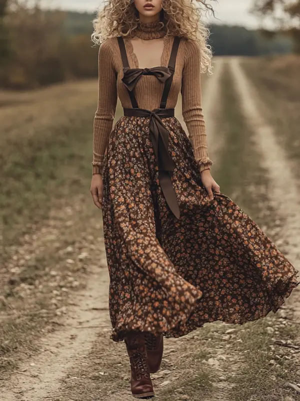 Women's Two-piece Bohemian Pastoral Suspender Floral Dress Autumn And Winter Retro Square Neck Long Dress Two-piece Set - Sunshinenice.com 