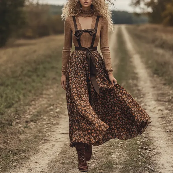 Women's Two-piece Bohemian Pastoral Suspender Floral Dress Autumn And Winter Retro Square Neck Long Dress Two-piece Set - Ootdyouth.com 