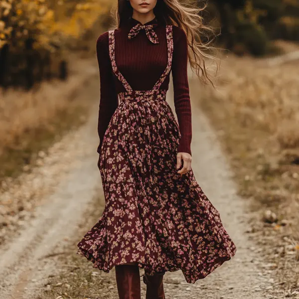 Women's Two-piece Bohemian Pastoral Suspender Floral Dress Autumn And Winter Retro Long Dress Two-piece Set - Ootdyouth.com 