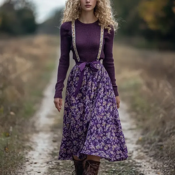 Women's Two-piece Bohemian Pastoral Suspender Floral Dress Autumn And Winter Retro Long Dress Two-piece Set - Ootdyouth.com 