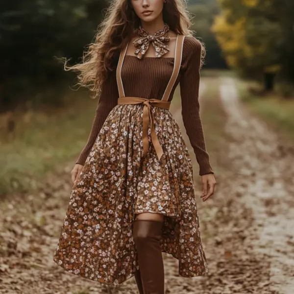 Women's Two-piece Bohemian Pastoral Suspender Floral Dress Autumn And Winter Retro Square Neck Long Dress Two-piece Set - Ootdyouth.com 