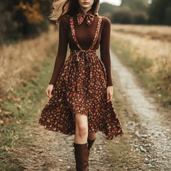 Women's Two-piece Bohemian Pastoral Suspender Floral Dress Autumn And Winter Retro Long Dress Two-piece Set - Ootdyouth.com 