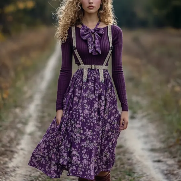 Women's Two-piece Bohemian Pastoral Suspender Floral Dress Autumn And Winter Retro Square Neck Long Dress Two-piece Set - Ootdyouth.com 