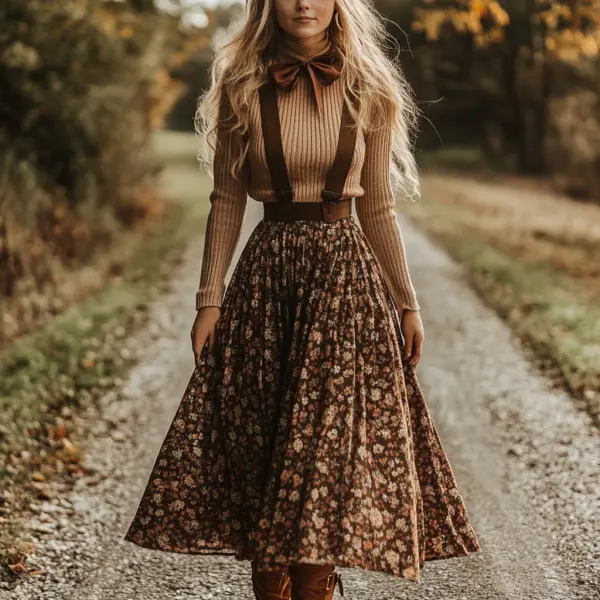 Women's Two-piece Bohemian Pastoral Suspender Floral Dress Autumn And Winter Retro Long Dress Two-piece Set - Ootdyouth.com 