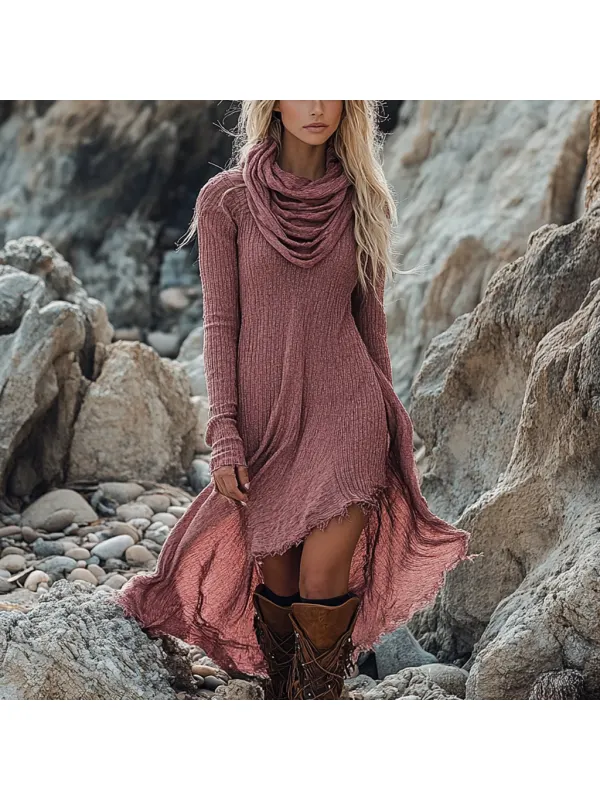 Bohemian Pile Collar Long Sleeve Casual Temperament Dress - Cominbuy.com 