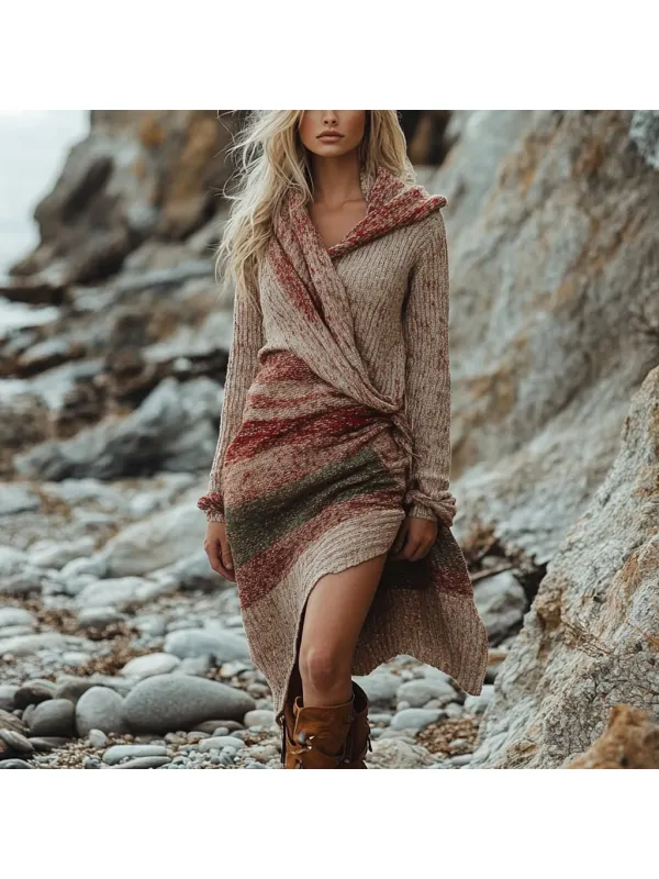 Bohemian Contrast Color Long Sleeve Casual Temperament Dress - Viewbena.com 