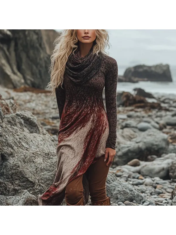 Bohemian Pile Collar Long Sleeve Casual Temperament Dress - Cominbuy.com 