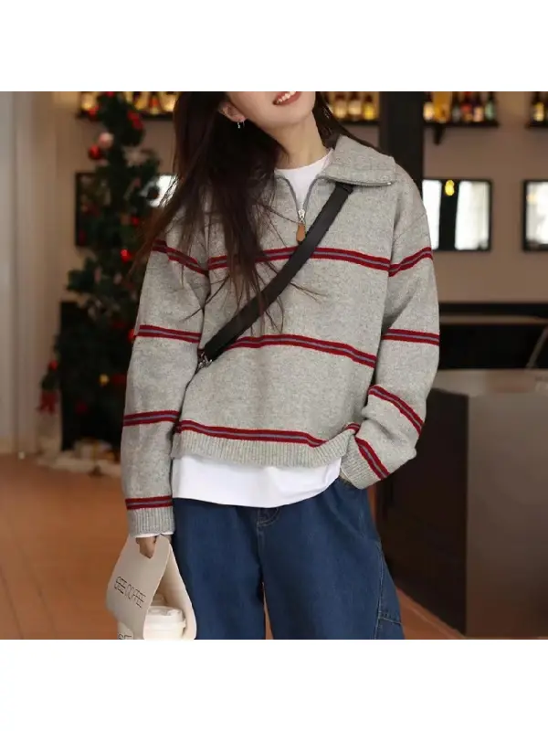 Retro Contrast Color Striped Lapel Pullover Sweater For Women Autumn And Winter Loose Outer Wear Slim Knitted Top - Cominbuy.com 