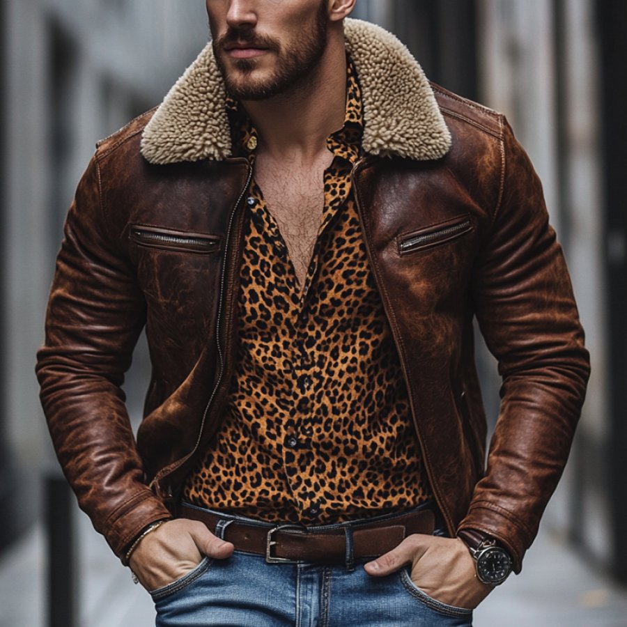 

Men's Vintage Leather Berber Fleece Collar Contrast Color Zipper Pocket Outdoor Jacket