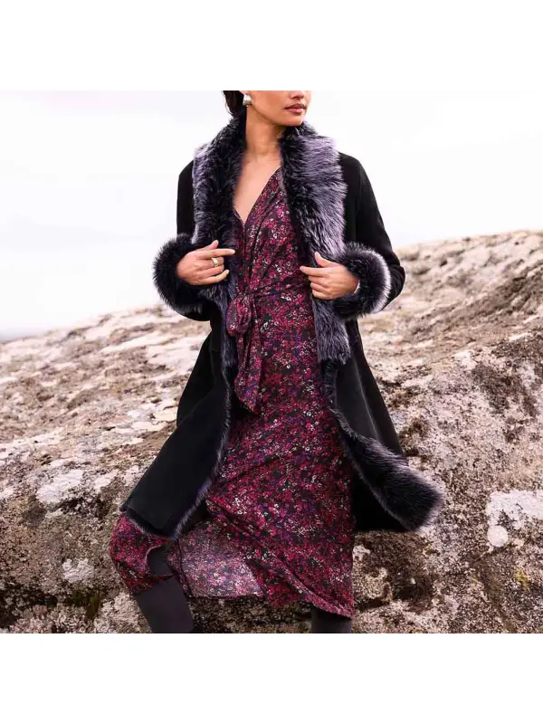 Women's Vintage Suede Fleece Silver Fox Fur Mid-Length Shearling Jacket Afghan Coat - Aptkoi.com 