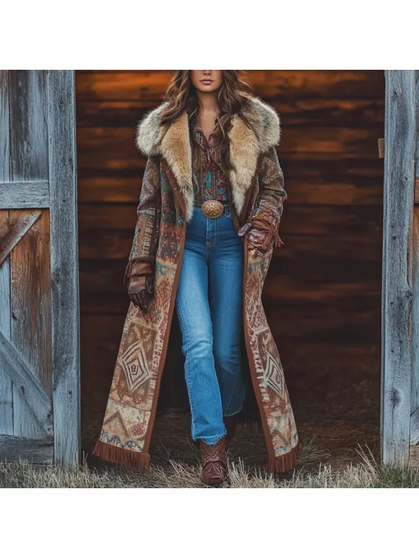 Western Retro Style Women's Aztec Print Coat Plush Autumn And Winter Warm Coat - Anrider.com 