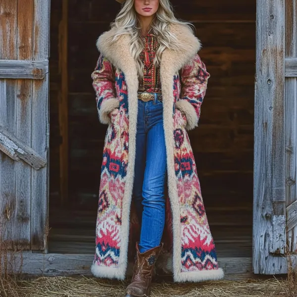 Western Retro Style Women's Aztec Print Coat Plush Autumn And Winter Warm Coat - Anurvogel.com 