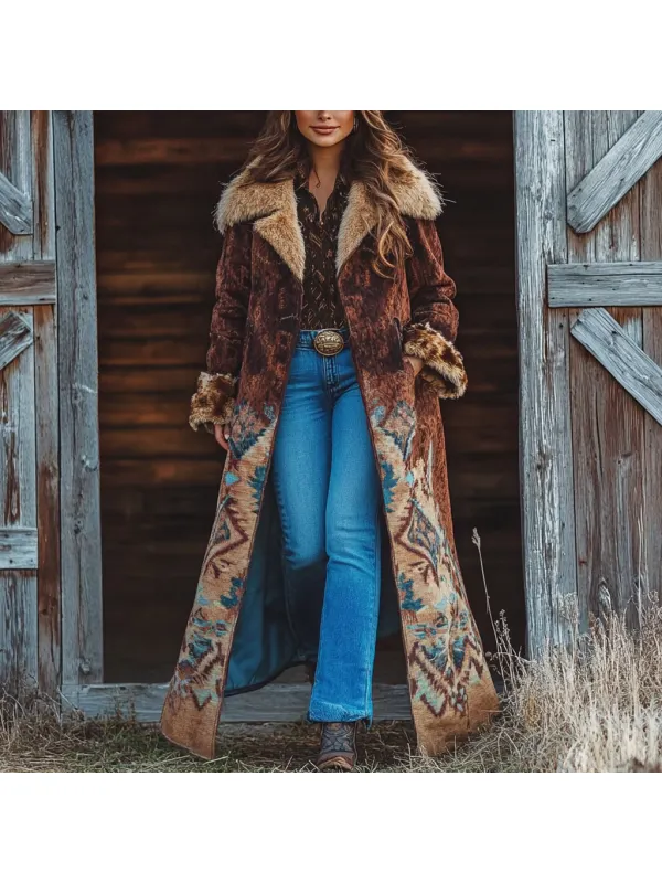 Western Retro Style Women's Aztec Print Coat Plush Autumn And Winter Warm Coat - Anrider.com 