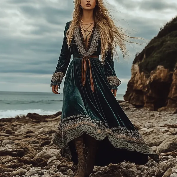 Breezy Bohemian Beach Vacation Autumn And Winter Velvet Ethnic Style Fluttering Dress - Dozenlive.com 