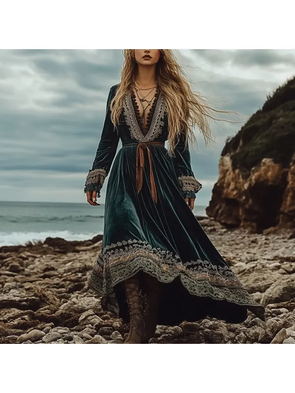 Breezy Bohemian Beach Vacation Autumn And Winter Velvet Ethnic Style Fluttering Dress - Anrider.com 