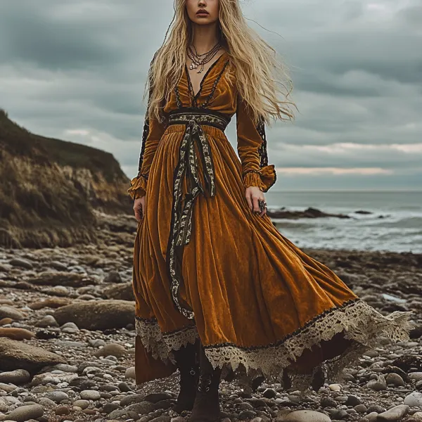 Breezy Bohemian Beach Vacation Autumn And Winter Velvet Ethnic Style Fluttering Dress - Dozenlive.com 