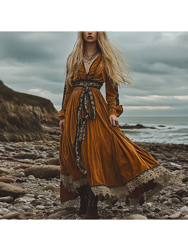 Breezy Bohemian Beach Vacation Autumn And Winter Velvet Ethnic Style Fluttering Dress - Anrider.com 