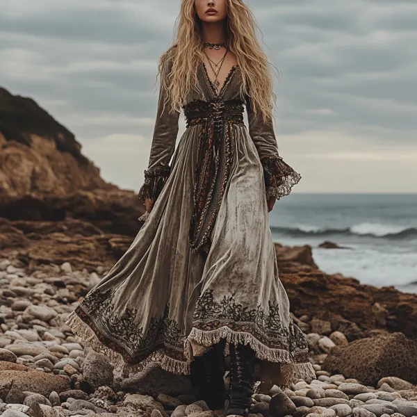 Breezy Bohemian Beach Vacation Autumn And Winter Velvet Ethnic Style Fluttering Dress - Dozenlive.com 