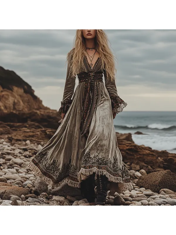 Breezy Bohemian Beach Vacation Autumn And Winter Velvet Ethnic Style Fluttering Dress - Ootdmw.com 