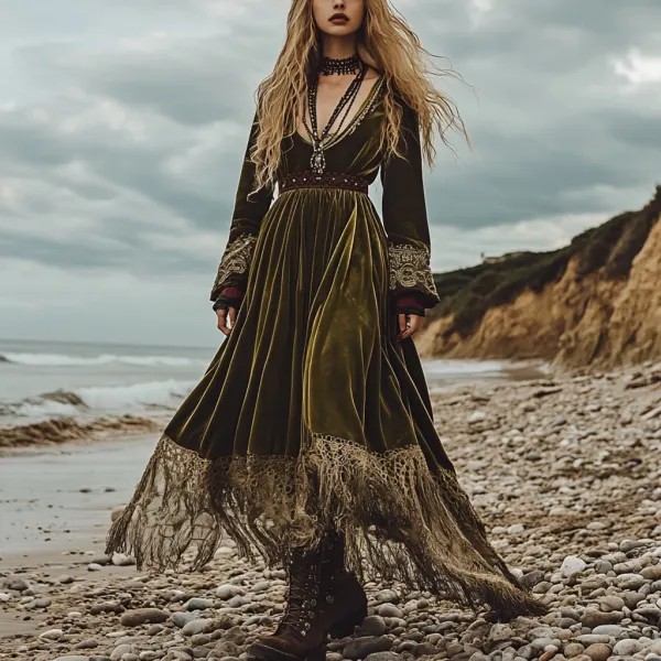 Breezy Bohemian Beach Vacation Autumn And Winter Velvet Ethnic Style Fluttering Dress - Dozenlive.com 