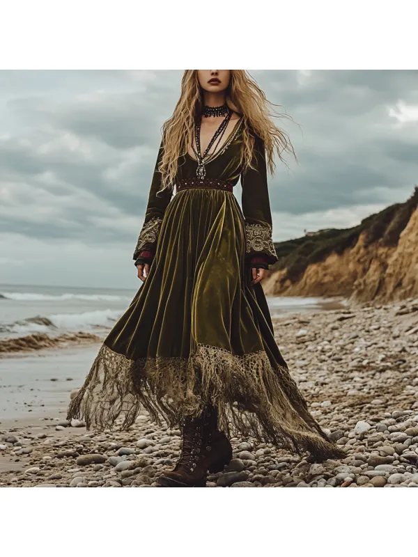 Breezy Bohemian Beach Vacation Autumn And Winter Velvet Ethnic Style Fluttering Dress - Timetomy.com 