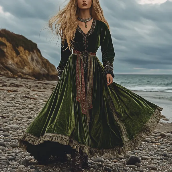 Breezy Bohemian Beach Vacation Autumn And Winter Velvet Ethnic Style Fluttering Dress - Wayrates.com 