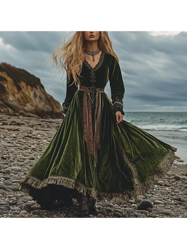 Breezy Bohemian Beach Vacation Autumn And Winter Velvet Ethnic Style Fluttering Dress - Timetomy.com 