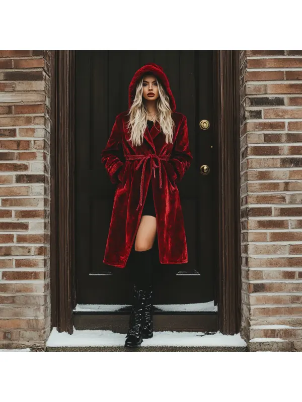 Women's Velvet Vintage Autumn And Winter Hooded Fur Collar Warm Long Coat - Ootdmw.com 