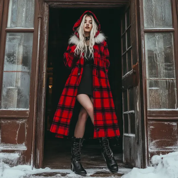 Women's Velvet Retro Plaid Autumn And Winter Hooded Fur Collar Warm Long Coat - Zivinfo.com 