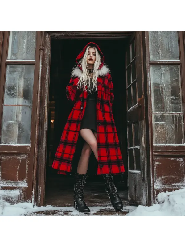 Women's Velvet Retro Plaid Autumn And Winter Hooded Fur Collar Warm Long Coat - Ootdmw.com 