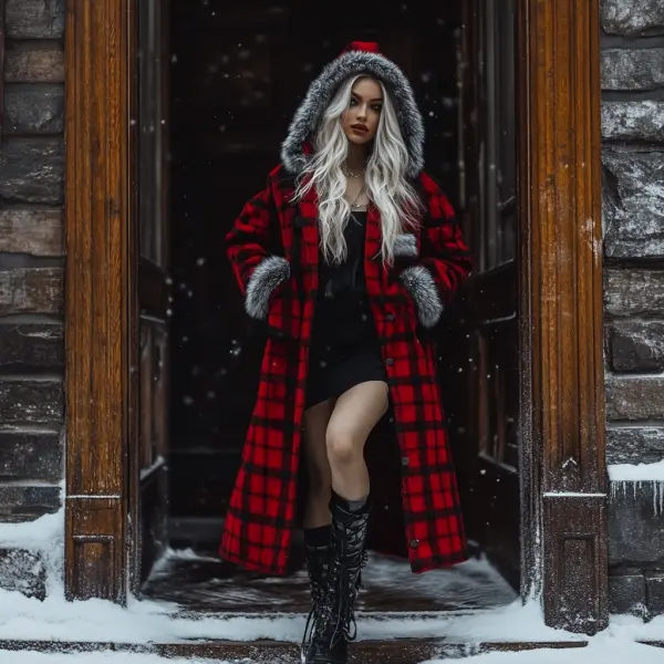 Women's Velvet Retro Plaid Autumn And Winter Hooded Fur Collar Warm Long Coat - Ootdyouth.com 