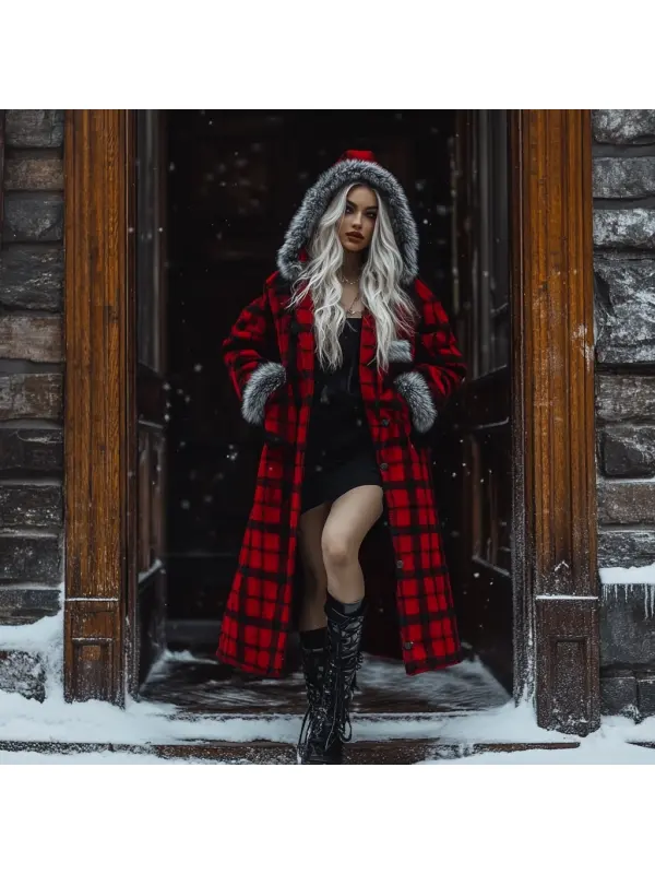 Women's Velvet Retro Plaid Autumn And Winter Hooded Fur Collar Warm Long Coat - Shopyiyistories.com 