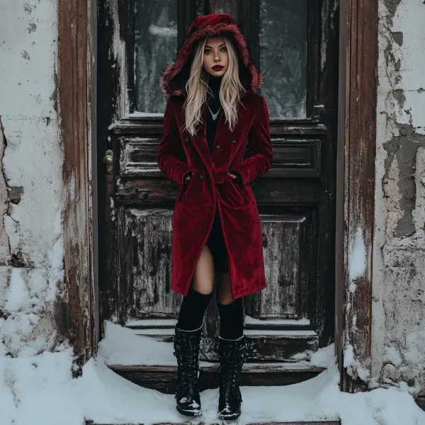 Women's Velvet Vintage Autumn And Winter Hooded Fur Collar Warm Long Coat - Zivinfo.com 