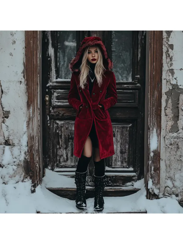 Women's Velvet Vintage Autumn And Winter Hooded Fur Collar Warm Long Coat - Ootdmw.com 