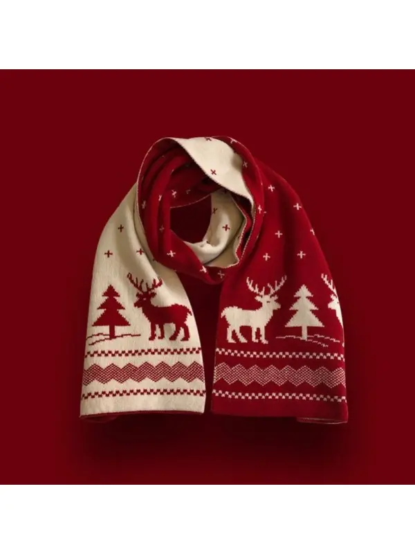 Festive Red Knitted Christmas Scarf Faux Cashmere Elk Scarf Into The Winter Warm Wear Couple Christmas Shawl - Cominbuy.com 