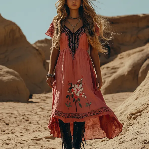 Desert Style Holiday Bohemian Vintage Linen Casual Dress - Ootdyouth.com 