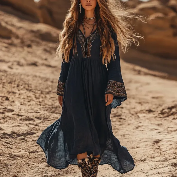 Desert Style Holiday Bohemian Vintage Linen Casual Dress - Ootdyouth.com 