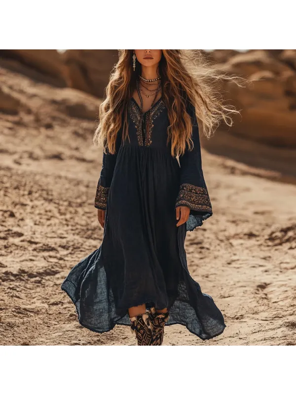 Desert Style Holiday Bohemian Vintage Linen Casual Dress - Localziv.com 