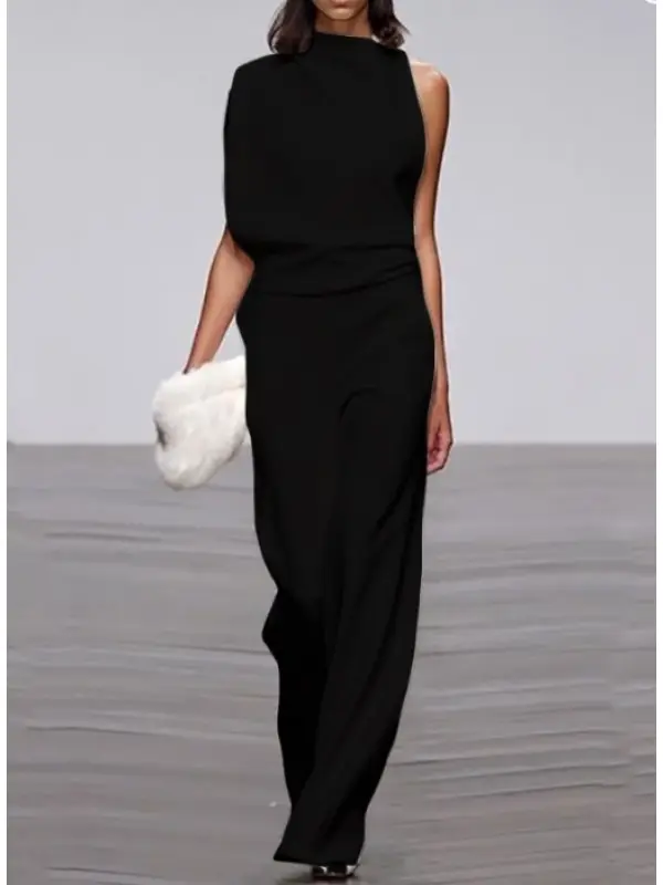 Women's Commuting Asymmetry Sleeve Pure Colour Jumpsuit - Aptkoi.com 