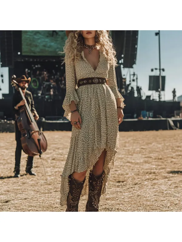 Coachella Music Festival Rock Rave Party Floral Leopard Polka Dot Lace Ruffle Vintage Dress - Ootdmw.com 