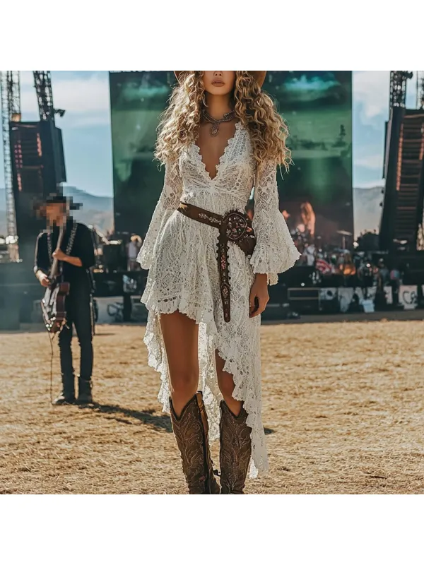 Coachella Music Festival Rock Rave Party Floral Leopard Polka Dot Lace Ruffle Vintage Dress - Ootdmw.com 
