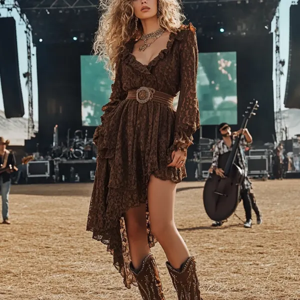 Coachella Music Festival Rock Rave Party Floral Leopard Polka Dot Lace Ruffle Vintage Dress - Ootdyouth.com 