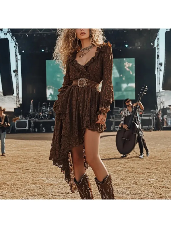 Coachella Music Festival Rock Rave Party Floral Leopard Polka Dot Lace Ruffle Vintage Dress - Ootdmw.com 