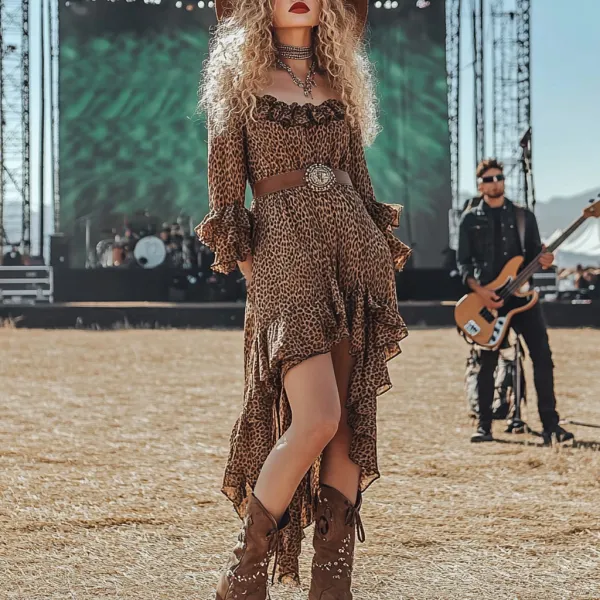 Coachella Music Festival Rock Rave Party Floral Leopard Polka Dot Lace Ruffle Vintage Dress - Ootdyouth.com 