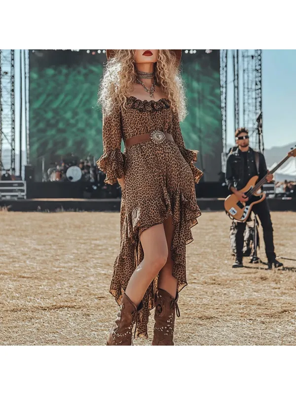Coachella Music Festival Rock Rave Party Floral Leopard Polka Dot Lace Ruffle Vintage Dress - Ootdmw.com 