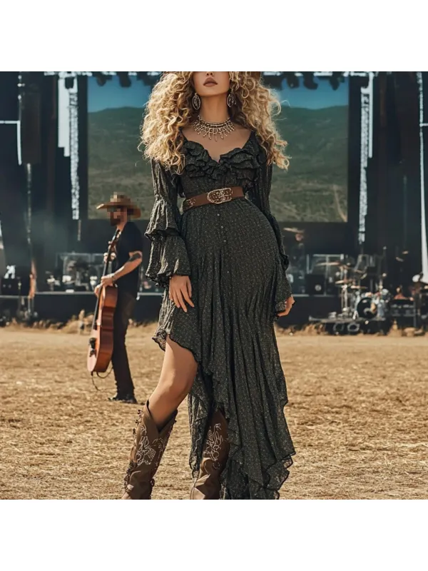 Coachella Music Festival Rock Rave Party Floral Leopard Polka Dot Lace Ruffle Vintage Dress - Ootdmw.com 