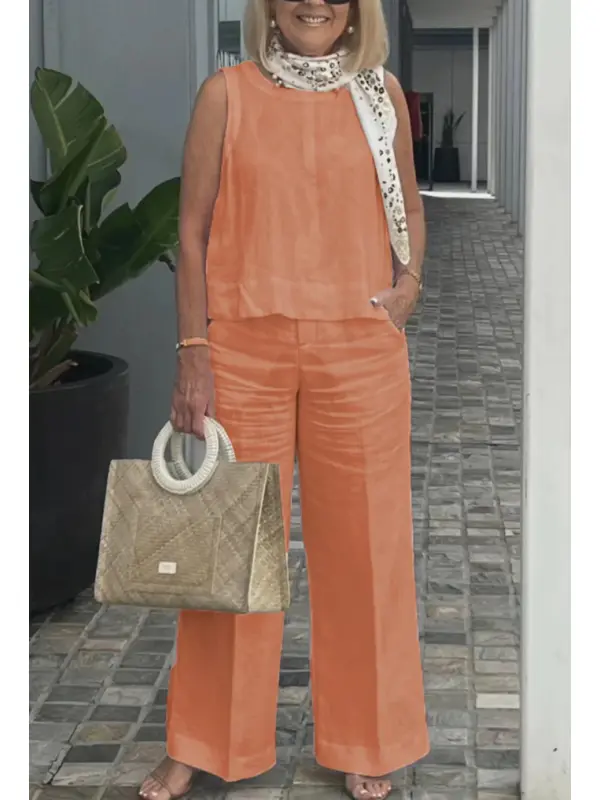 Women's Cotton And Linen Elegant Linen Wide-Leg Suit With Scarf Detail - Aptkoi.com 