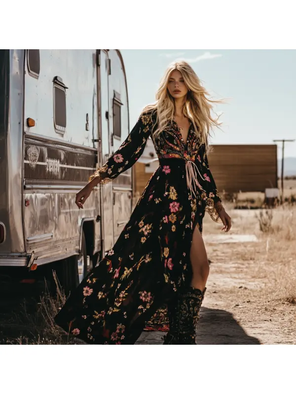 Women's Vintage Bohemian Floral Boho V Neck Dress - Machoup.com 